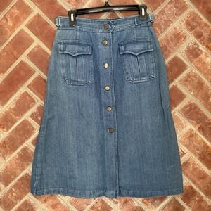 Vtg Denim A Line Skirt Size 11 12 Blue Midi Pockets Buttons Blue Vonder Boho